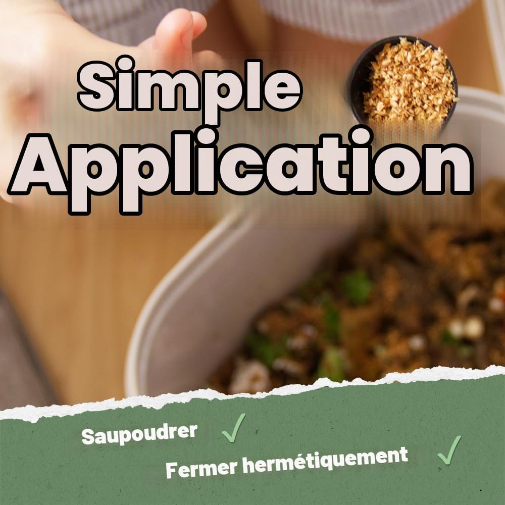 Activateur saupoudré sur des déchets dans un seau, avec les consignes saupoudrer et fermer hermétiquement