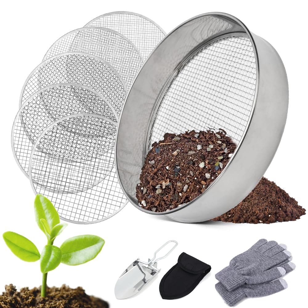 Tamis à compost TOPRUNYI 5 en 1 de 20 cm en inox avec cinq grilles, pelle de jardin et gants