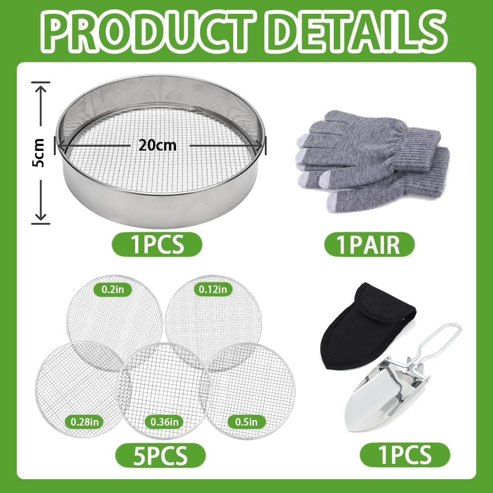 Contenu du kit : tamis de 20 cm, cinq grilles interchangeables, une paire de gants et une pelle pliante