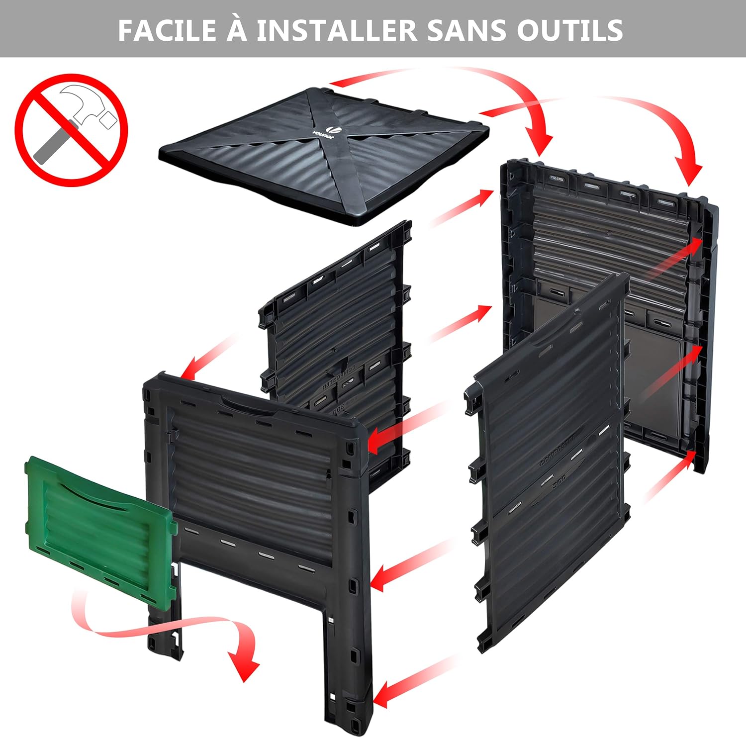 Schéma de montage sans outil du composteur : panneaux, couvercle et trappe à clipser