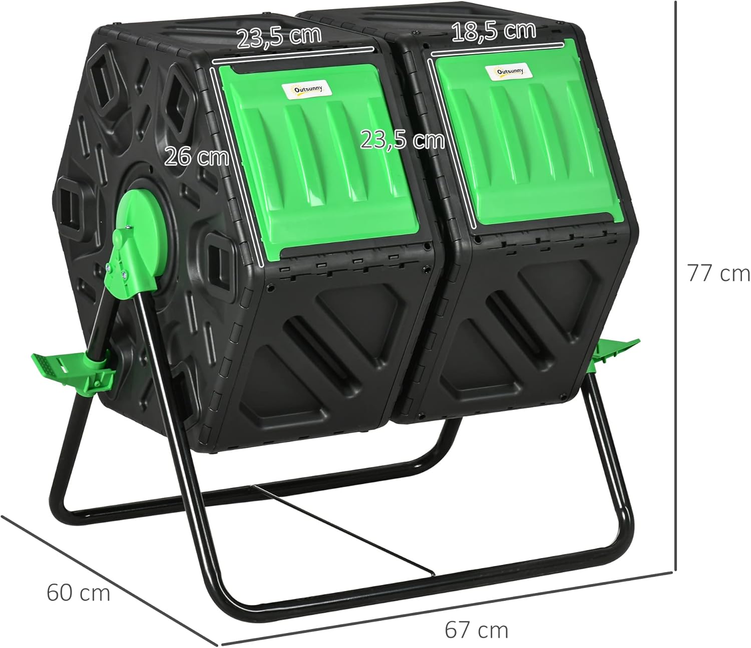 Dimensions du composteur rotatif : 67 cm de large, 60 cm de profondeur, 77 cm de haut