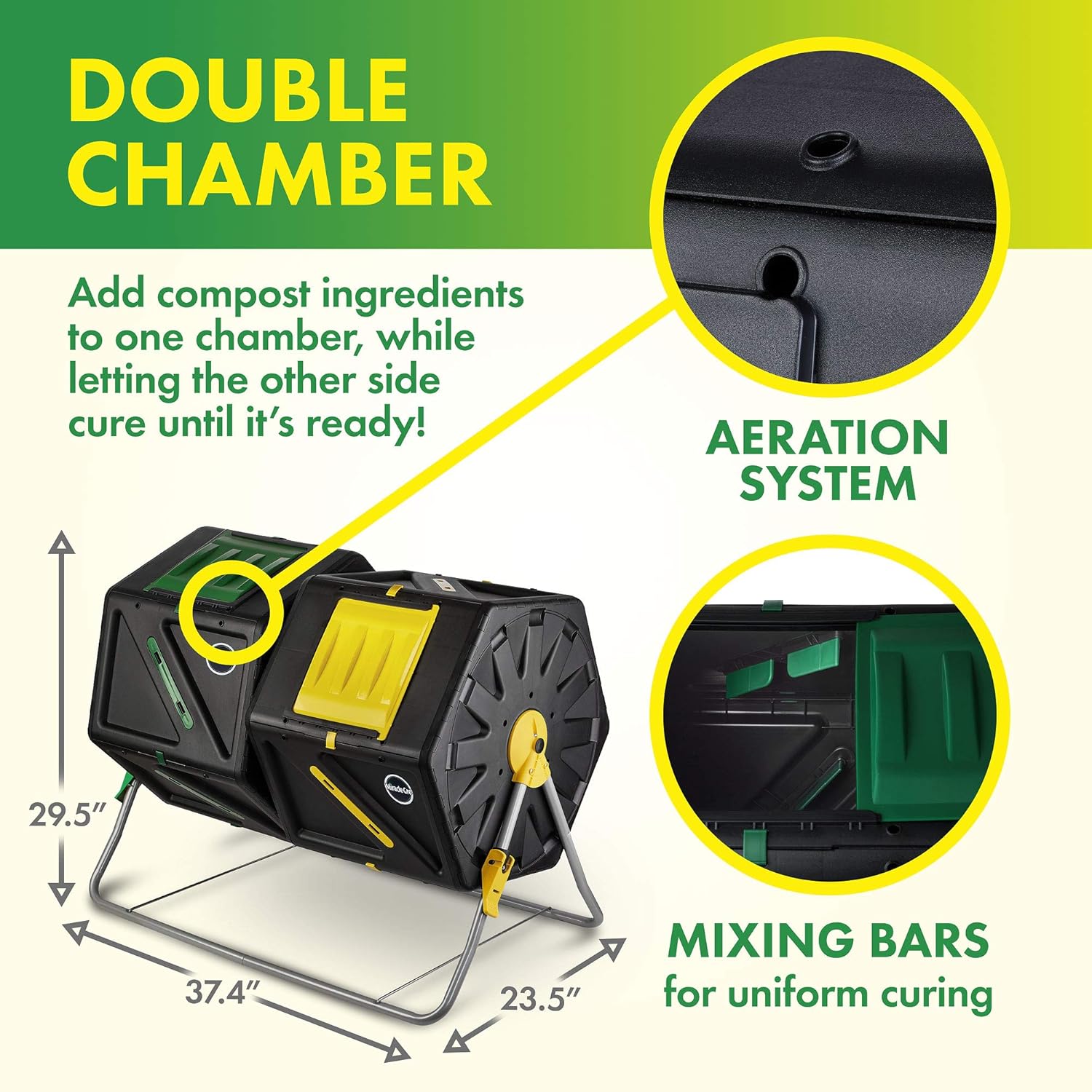 Composteur rotatif double chambre avec dimensions, système daération et barres de mélange