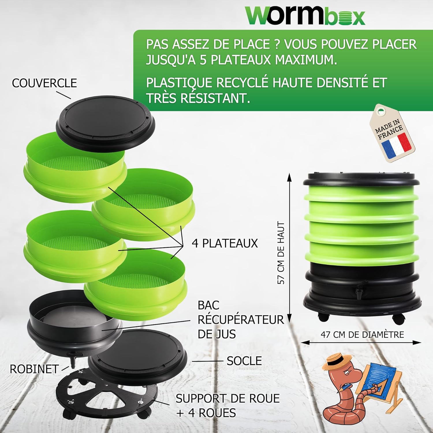 Sch&eacute;ma &eacute;clat&eacute; d'un lombricomposteur WormBox : couvercle, quatre plateaux, bac &agrave; jus avec robinet et socle de 57 cm de haut