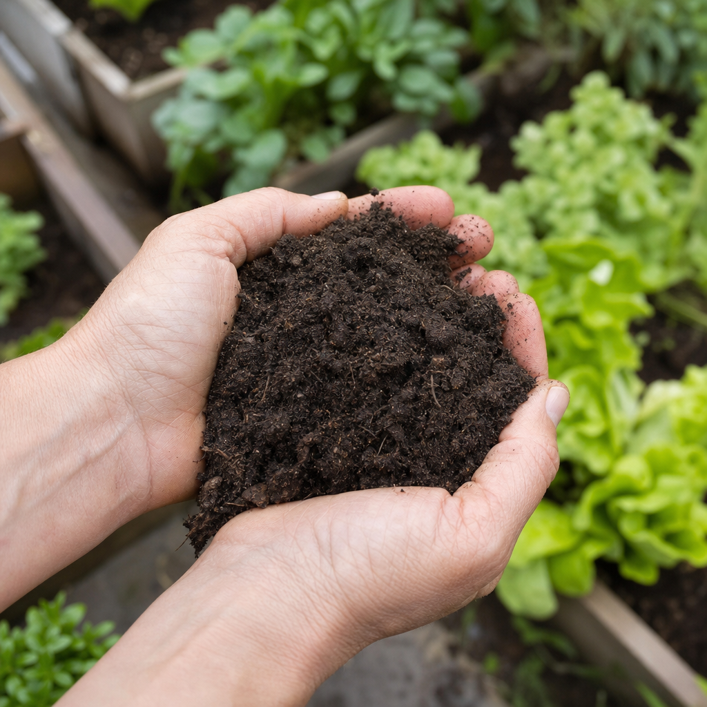 Mains tenant du compost mûr au-dessus du potager