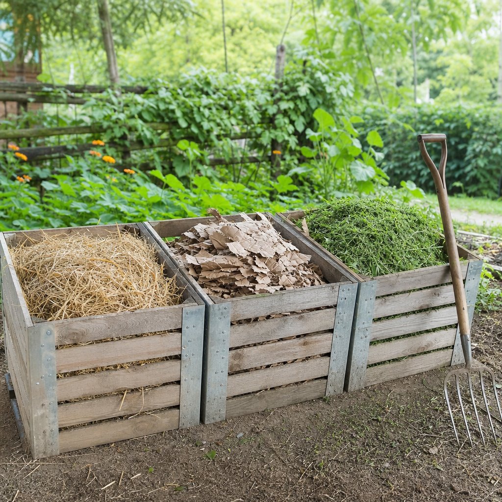 Trois bacs en bois remplis de paille, de carton et de tonte dans un jardin