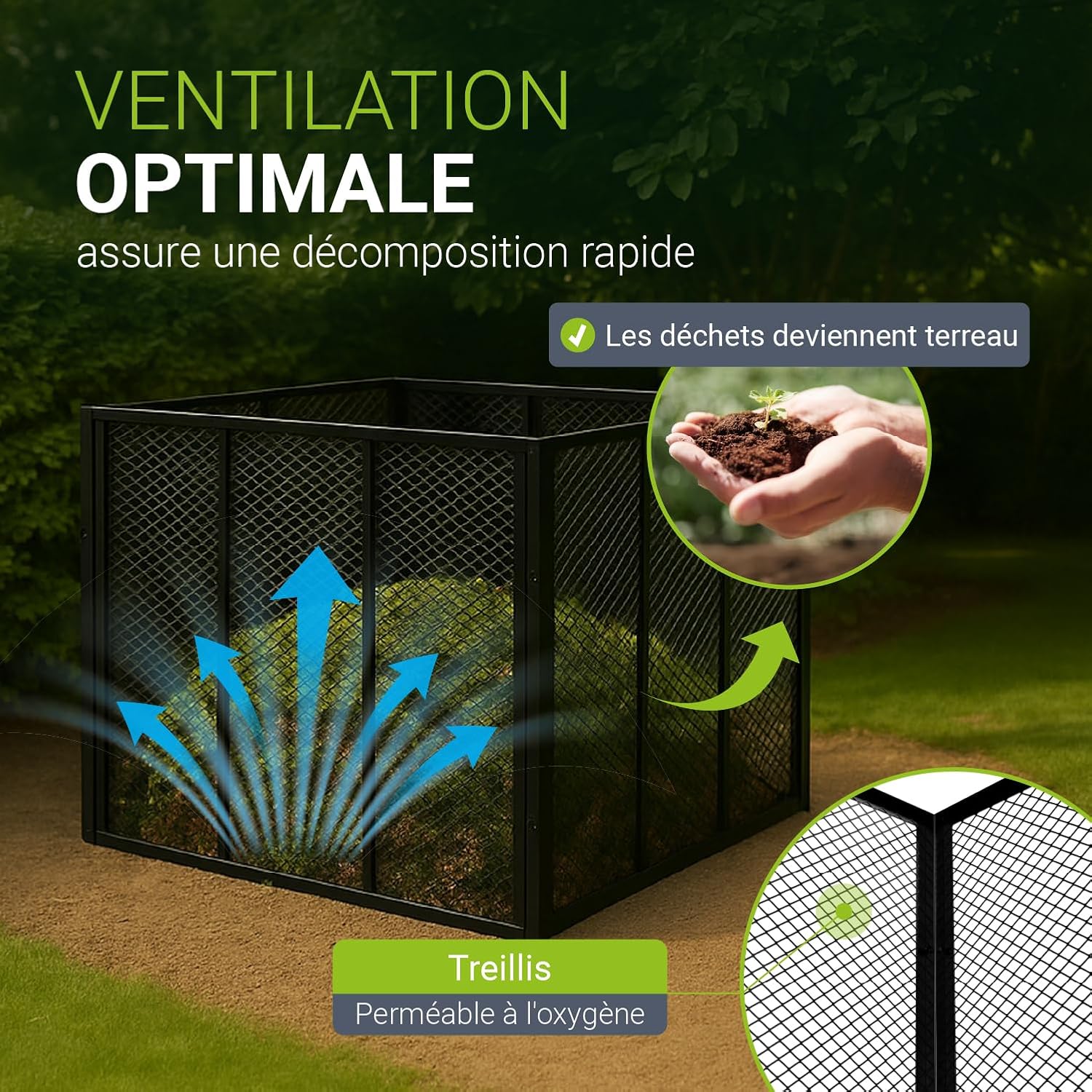 Bac &agrave; compost &agrave; parois ajour&eacute;es avec des fl&egrave;ches pour la circulation de l'air et une main tenant du terreau