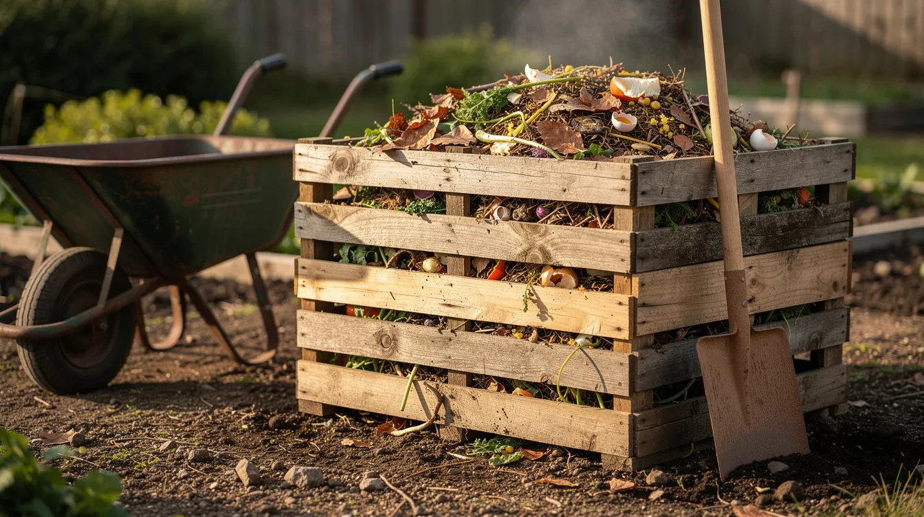 Composteur en palettes de bois rempli d'épluchures et de feuilles