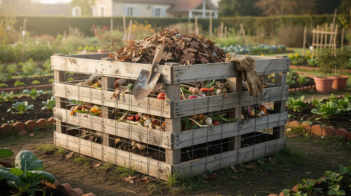 Composteur en bois fabriqu&eacute; avec quatre palettes, rempli de feuilles mortes et d'&eacute;pluchures dans un potager