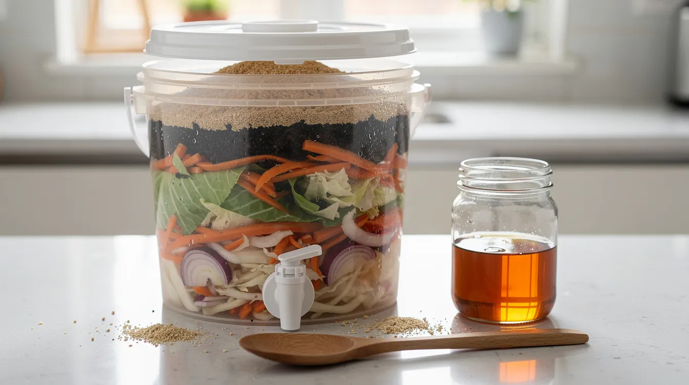 Seau bokashi transparent montrant les couches d'&eacute;pluchures et de son, avec un bocal de jus ferment&eacute; et une cuill&egrave;re en bois