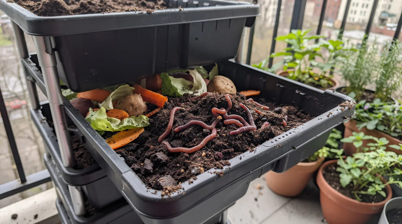 Plateau de lombricomposteur ouvert sur un balcon : vers de compost, &eacute;pluchures de l&eacute;gumes et terreau