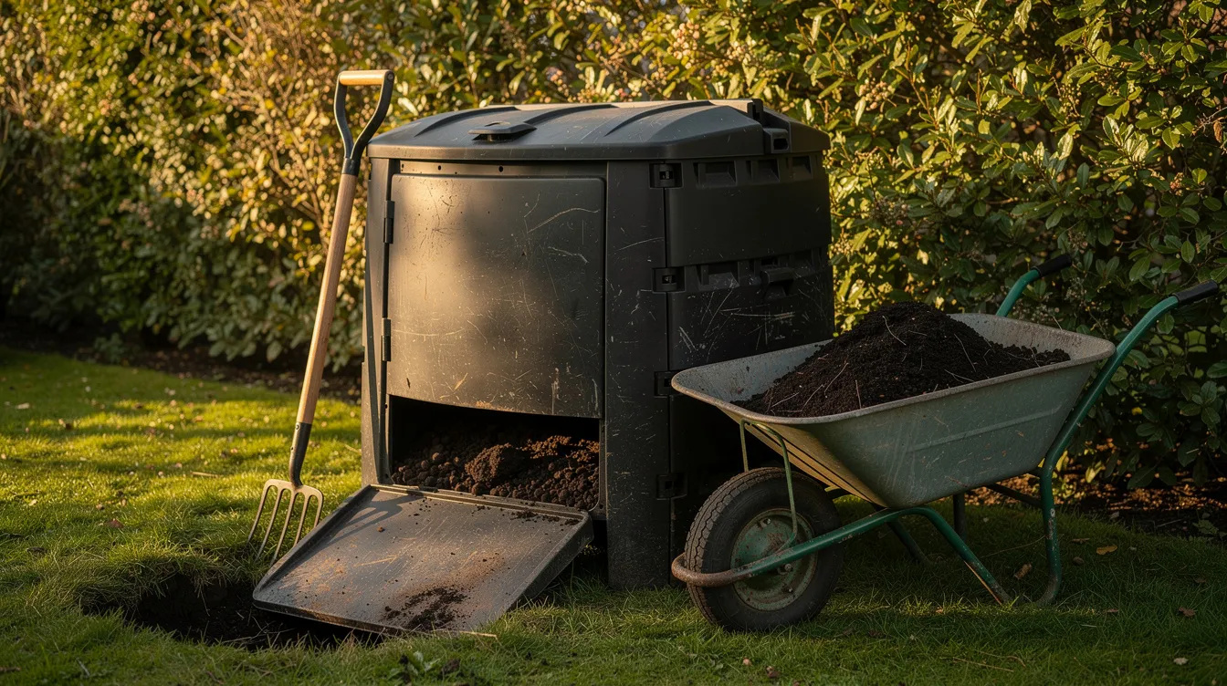 Composteur de jardin noir de grande capacit&eacute; avec sa trappe ouverte, une brouette de compost m&ucirc;r et une fourche