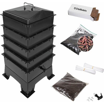 Lombricomposteur Billiebin noir à 4 plateaux avec robinet, vers, substrat et accessoires du kit