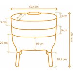 Schéma du lombricomposteur avec dimensions : 50,5 cm de large, 60,5 cm de haut, 38 cm de profondeur