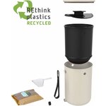 Seau bokashi éclaté : couvercle, presse noire, seau intérieur, seau extérieur, sangle et activateur