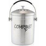 Seau à compost inox vu de face, anse relevée et inscription Compost avec une fleur