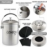 Atouts du seau : inox anti-rouille, poignée souple, couvercle ventilé et filtres de rechange inclus