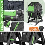 Détails des aérations et de la fermeture du composteur rotatif, avec dimensions 72 cm de haut et 70 L