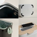 Détails du seau : base antidérapante, joints, sac compostable et filtre à charbon sous le couvercle
