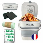 Seau à compost pliable Pure&Co de 4 L gris et blanc, ouvert, avec filtres à charbon et sacs compostables