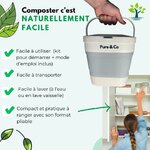 Seau pliable porté par son anse, avec arguments dusage : facile à laver, compact, rangement pliable
