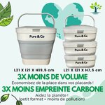 Seau Pure&Co déplié de 19,5 cm de haut et seaux repliés empilés de 7,5 cm chacun
