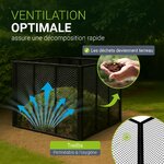 Composteur en treillis avec flèches de circulation dair et main tenant du terreau