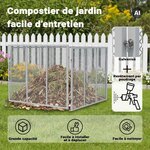 Composteur de jardin galvanisé avec revêtement par poudrage, installé sur une pelouse devant une clôture