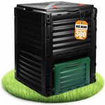 Composteur de jardin BigDean 300 L en plastique noir avec trappe verte, posé sur l'herbe