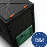 Gros plan sur le couvercle et la trappe du composteur BigDean, mention Made in Europe