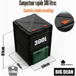 Composteur BigDean 300 L avec dimensions 59 x 58 x 81 cm, poids 4,1 kg et double verrouillage