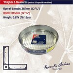 Tamis avec ses dimensions : 315 mm de long et de large, poids de 0,67 kg