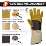 Schéma du gant Roncier : cuir croûte, manchette de 15 cm et dos Ripstop, norme EN 388 4143X