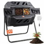 Composteur rotatif VEVOR noir à double chambre sur pieds en acier, avec gants et plant de tomates
