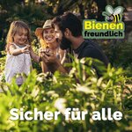 Famille dans un jardin avec le texte allemand « sûr pour tous » et le logo amis des abeilles