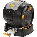 Composteur rotatif Hozelock EasyMix noir avec bac de récupération du jus et robinet, sur fond blanc