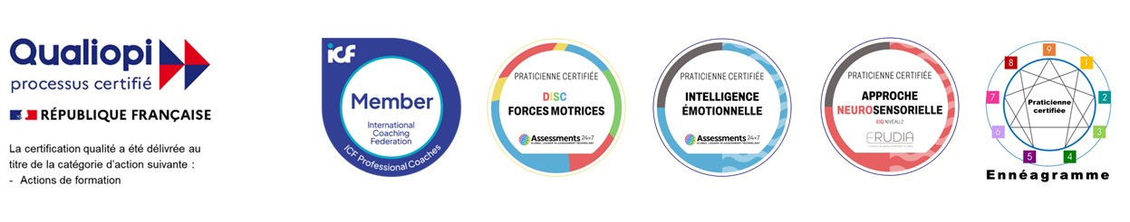 bandeau qualiopi et badges 2026 marielle blagny evolutia formation et coaching