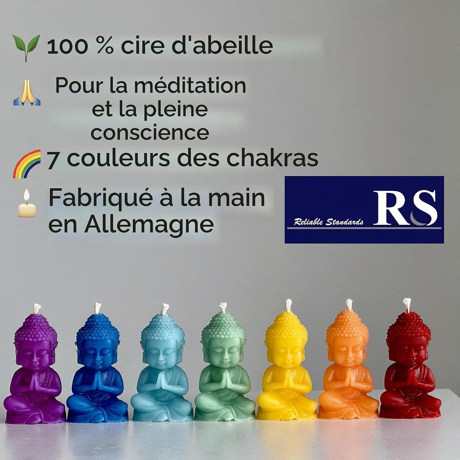 RS Lot de 7 bougies Chakra Bouddha - 100 % cire dabeille - Figurines chakras faites à la main aux couleurs de larc-en-cie 2