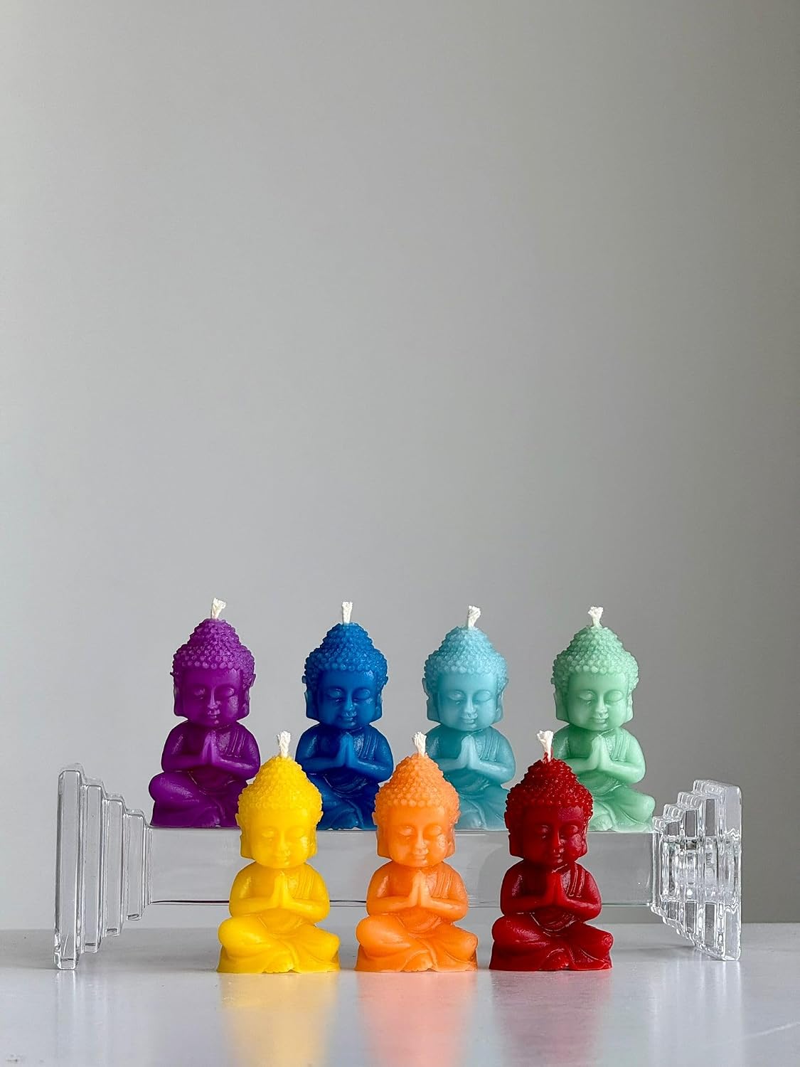 RS Lot de 7 bougies Chakra Bouddha - 100 % cire dabeille - Figurines chakras faites à la main aux couleurs de larc-en-cie 5