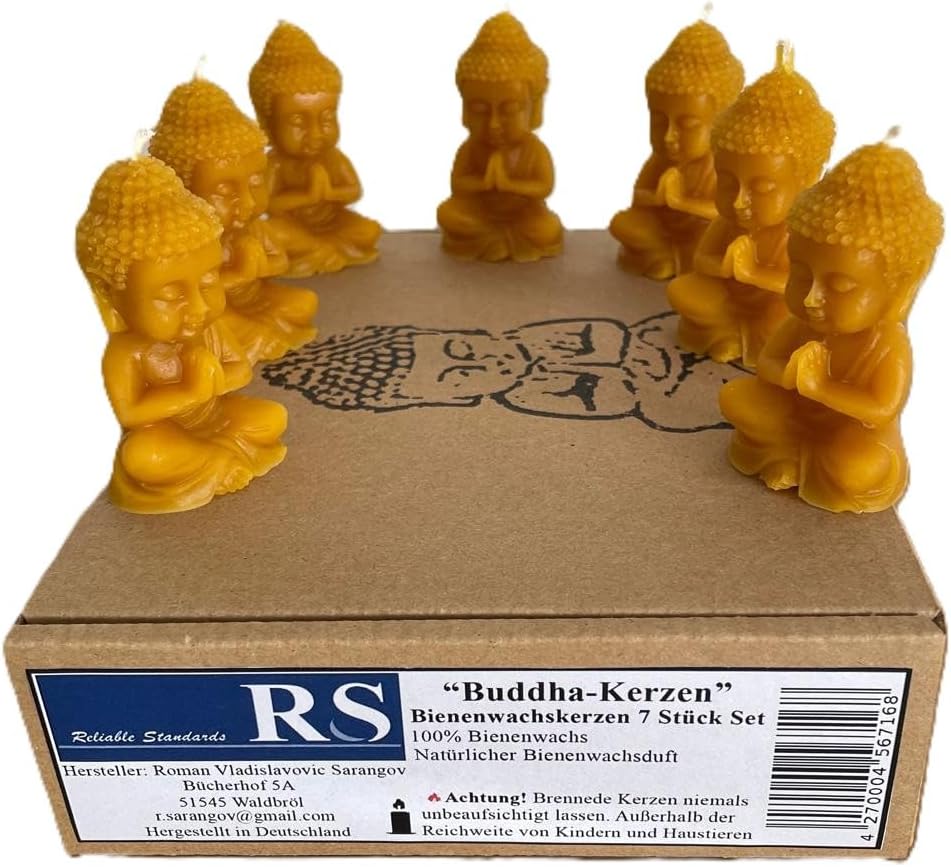 RS Lot de 7 bougies Bouddha - 100 % cire dabeille - Figurines de Bouddha faites à la main en cire naturelle - Pour méditat 9