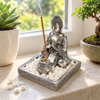 Porte-encens Bouddha argenté avec pierres décoratives blanches