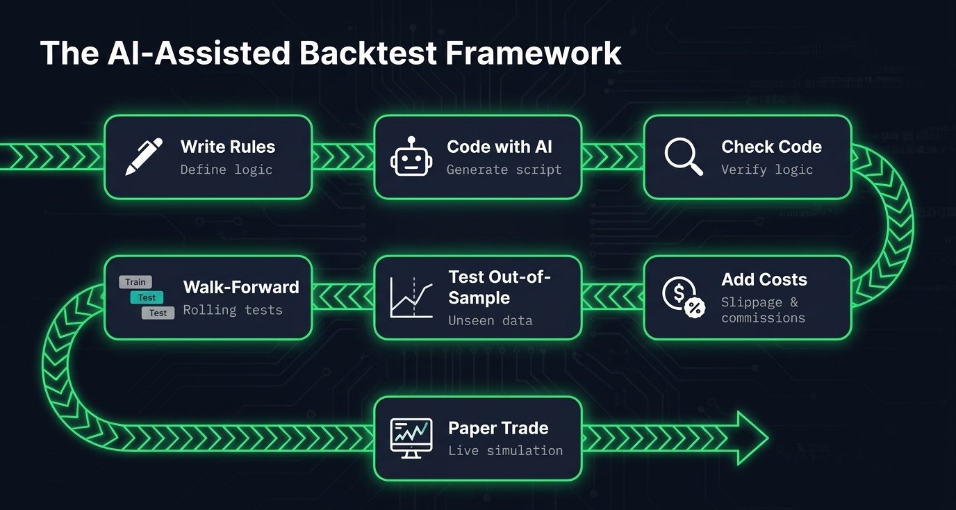Seven-step AI-assisted backtest framework: write rules, code with AI, check code, add costs, test out-of-sample, walk-forward, paper trade