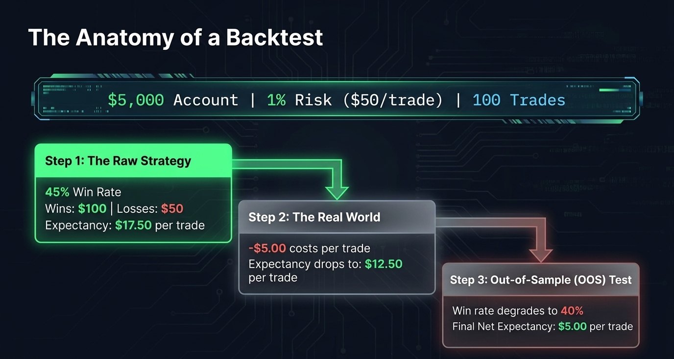Worked example on a $5,000 account with $50 risk: expectancy falls from $17.50 to $12.50 after costs and to $5.00 out-of-sample