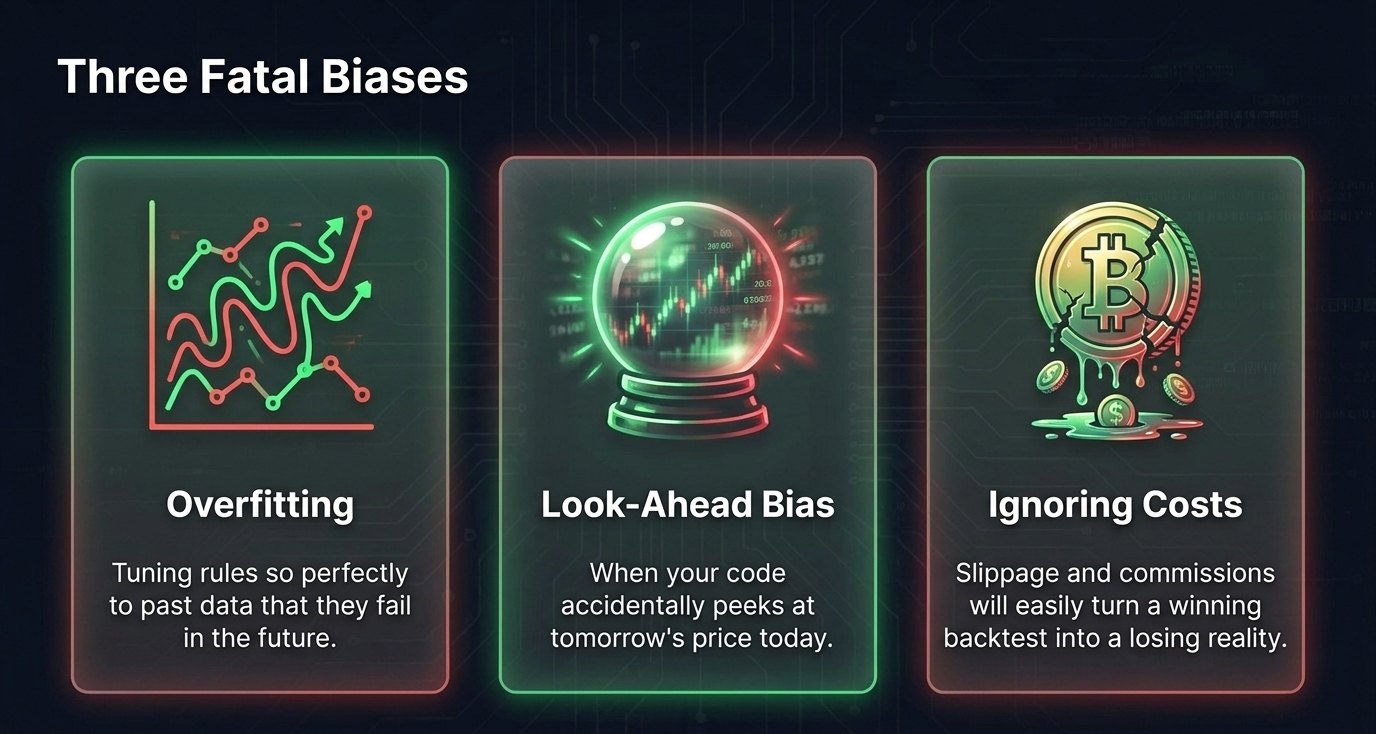 Three backtest biases: overfitting, look-ahead bias and ignoring trading costs