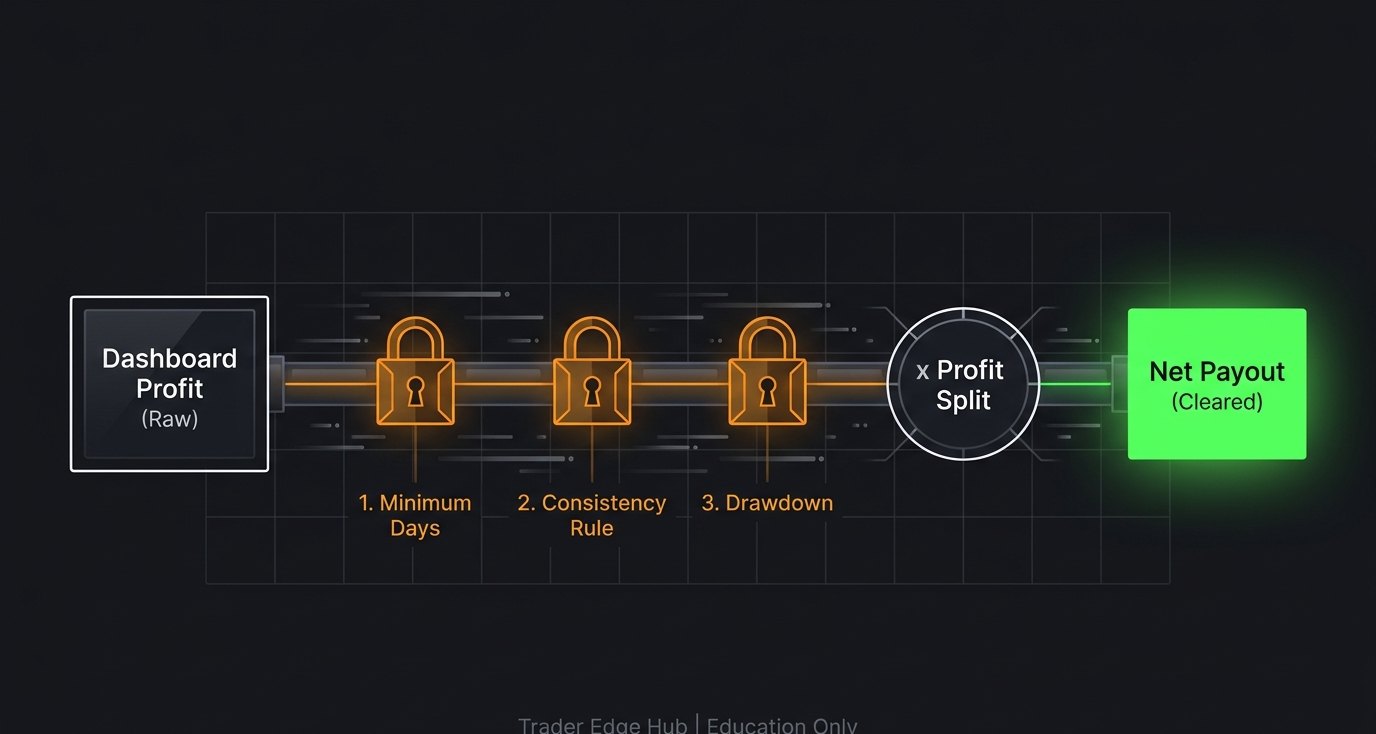 Diagram: dashboard profit passes three gates (minimum days, consistency rule, drawdown) before the profit split gives the net payout