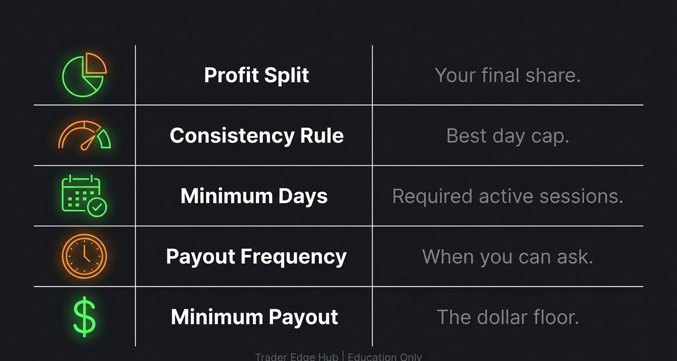 The five prop firm payout rules: profit split, consistency rule, minimum days, payout frequency and minimum payout