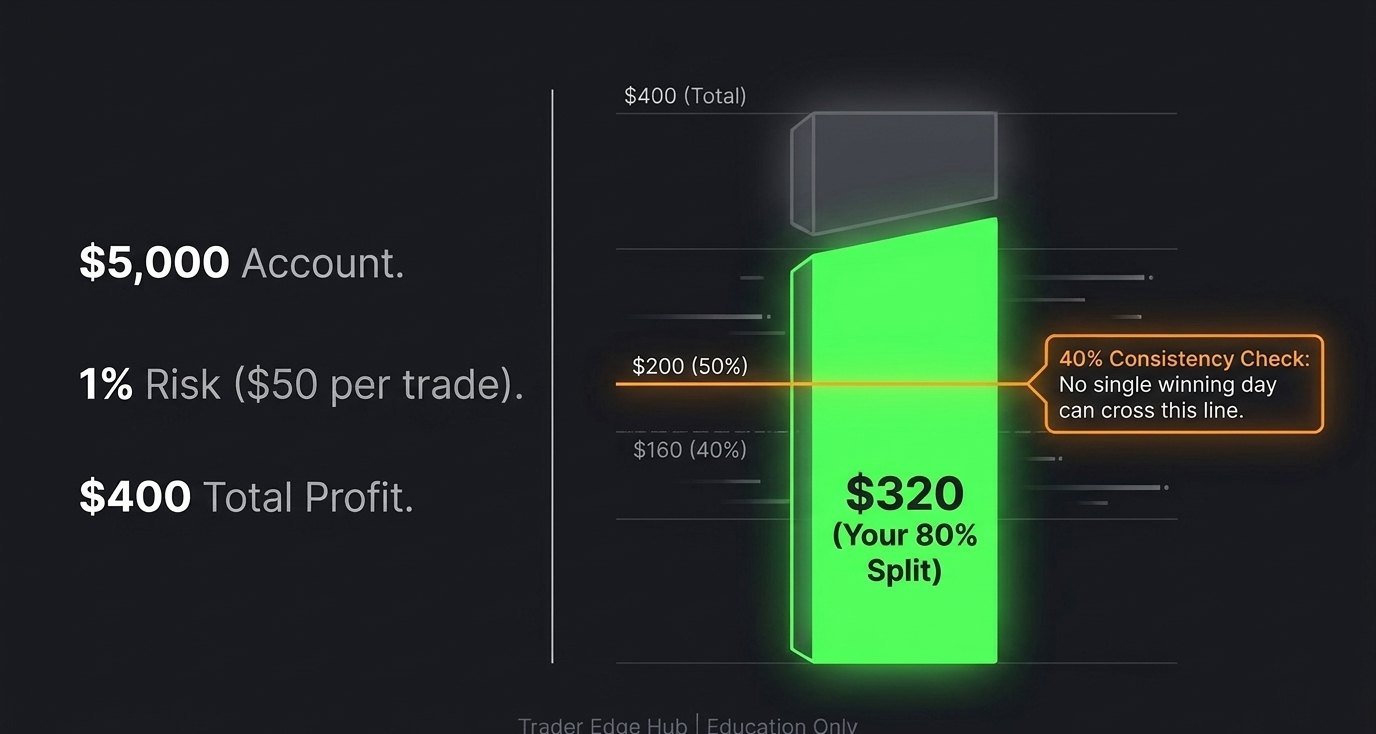 Worked example: $5,000 account, 1% risk ($50 per trade), $400 profit, $320 trader share at an 80% split, $160 cap under a 40% consistency rule