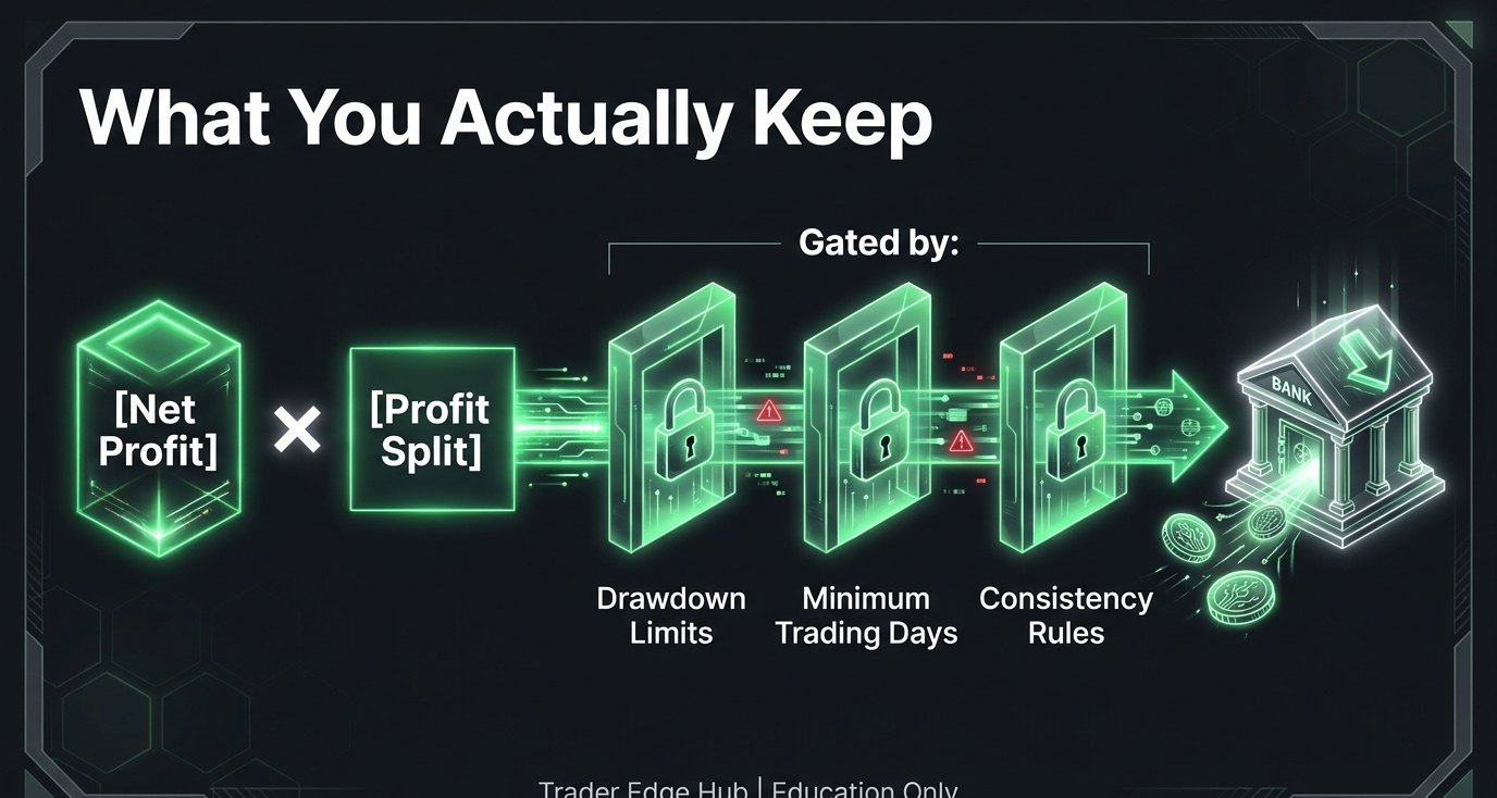 Diagram: what you keep equals net profit times profit split, gated by drawdown limits, minimum trading days and consistency rules