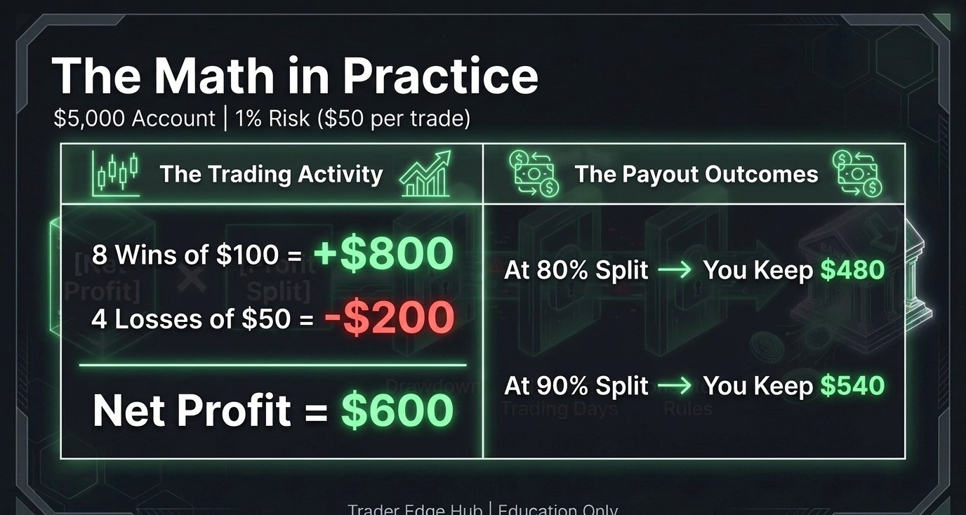 Worked example on a $5,000 account risking $50 per trade: $600 net profit, $480 kept at an 80% split and $540 at a 90% split