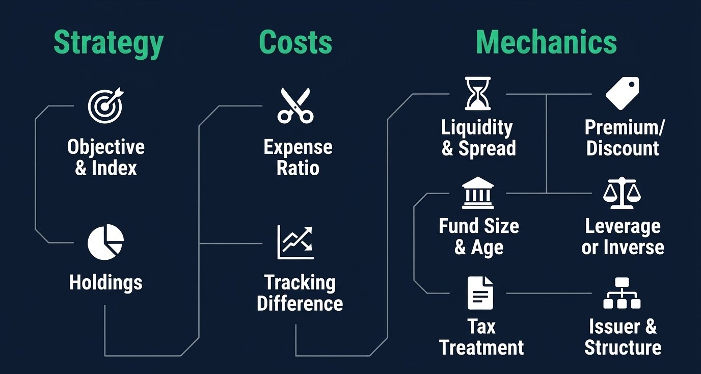 ETF checklist grouped into strategy, costs and mechanics: objective, holdings, expense ratio, tracking difference, liquidity, premium or discount, fund size, leverage, taxes and issuer