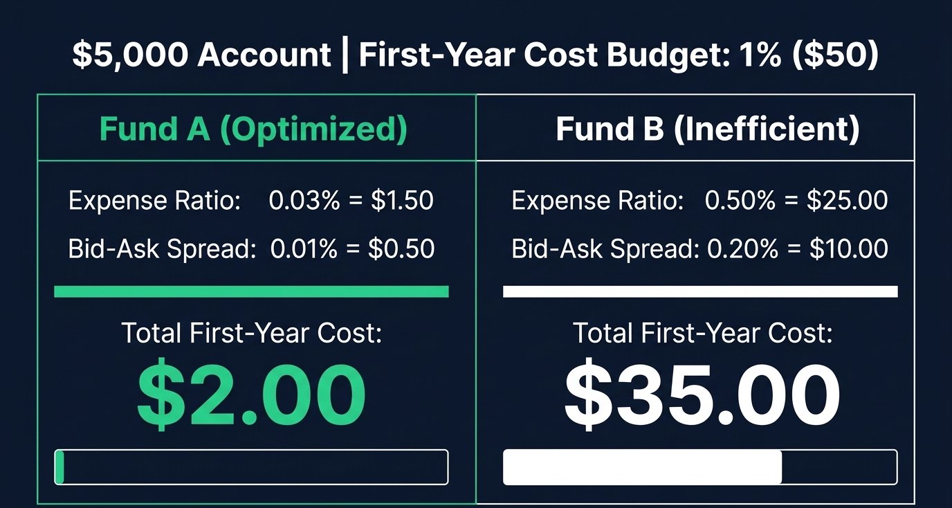 Worked example on a $5,000 account with a $50 cost budget: Fund A costs $2.00 in year one, Fund B costs $35.00